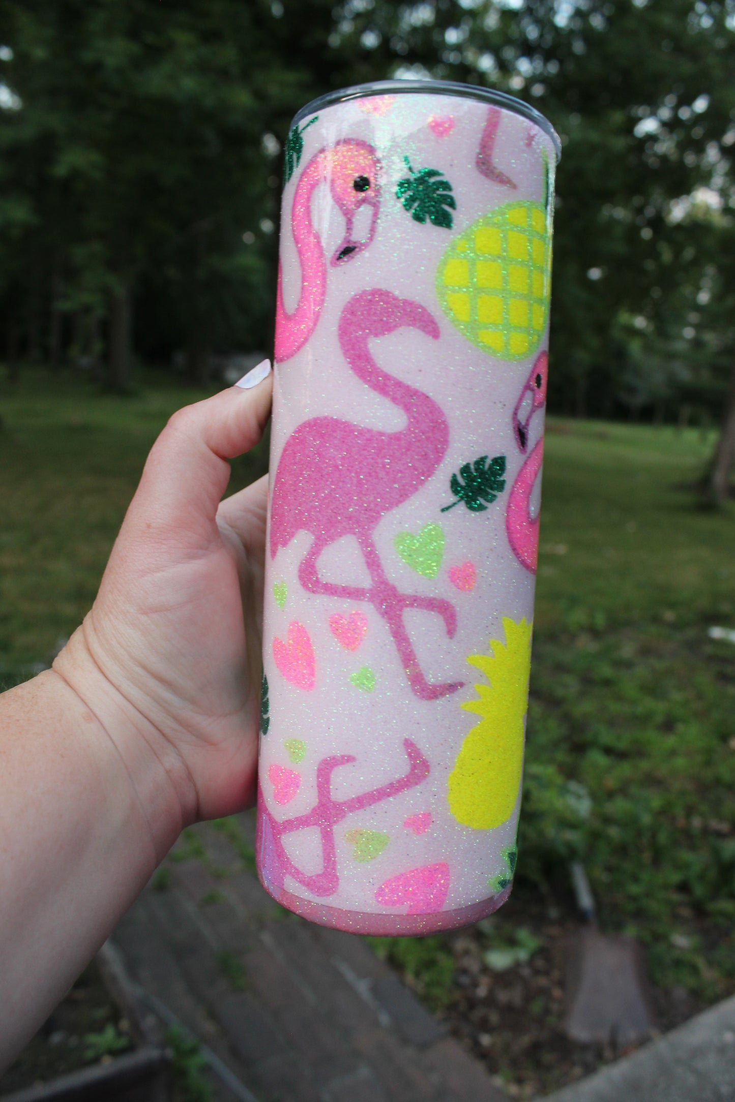 Pineapple and Flamingo Glitter Burst Tumbler