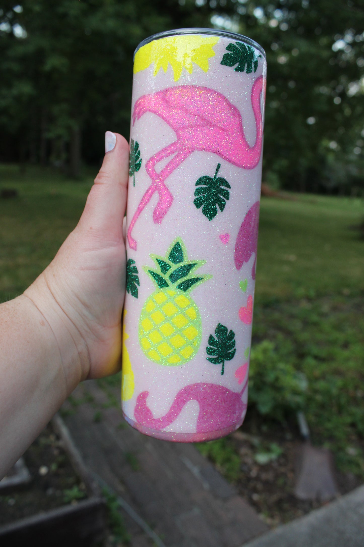 Pineapple and Flamingo Glitter Burst Tumbler