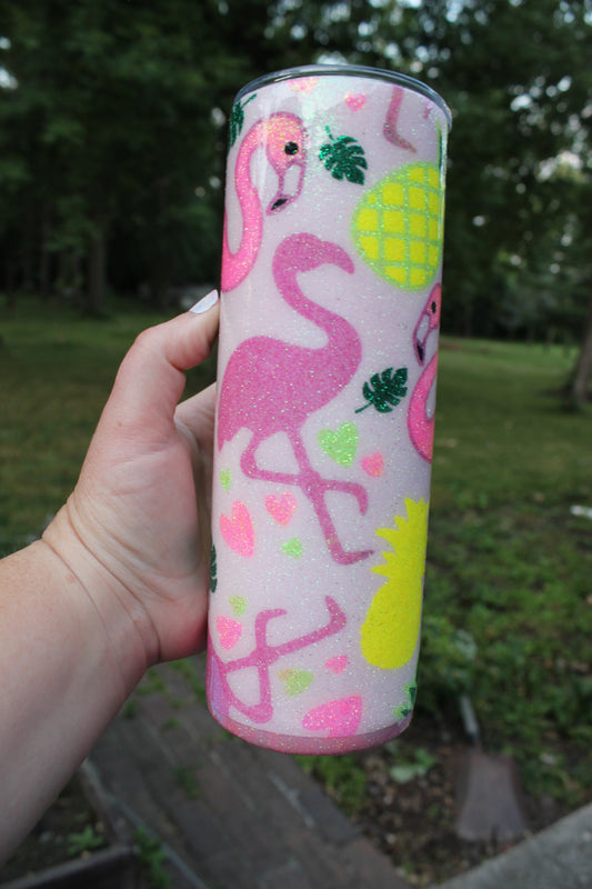 Pineapple and Flamingo Glitter Burst Tumbler